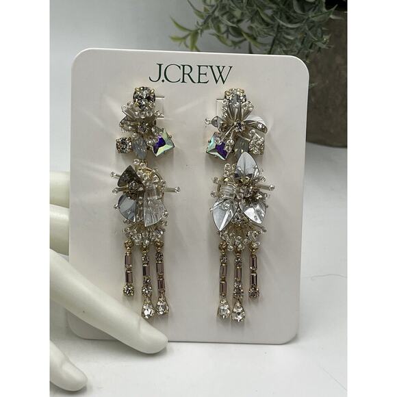 J. Crew White Crystal and Sequin Gold Tone Drop Dangle Earrings Shiny Bling New - Picture 6 of 13